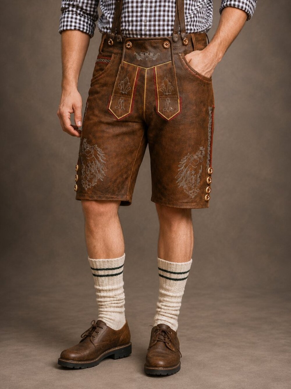 Authentic German Lederhosen Men Red Brown Oktoberfest Bavarian Costume Outfit